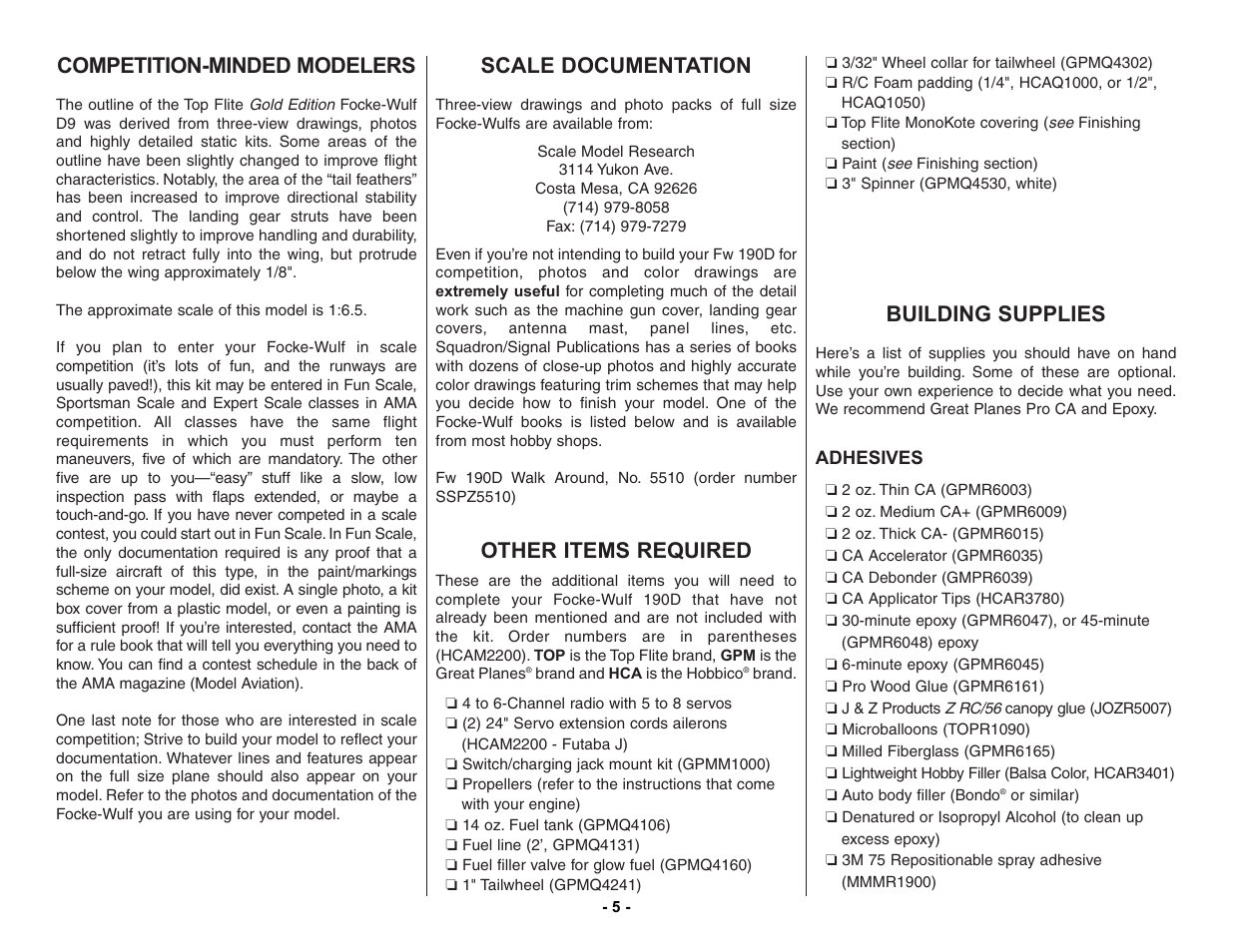 Competition-minded modelers, Scale documentation, Other items required | Building supplies | Top Flite TOPA0150 User Manual | Page 5 / 65
