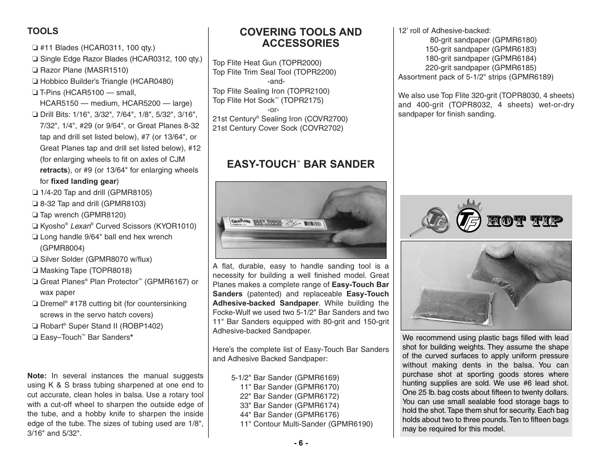 Covering tools and accessories, Easy-touch, Bar sander | Top Flite TOPA0150 User Manual | Page 6 / 65