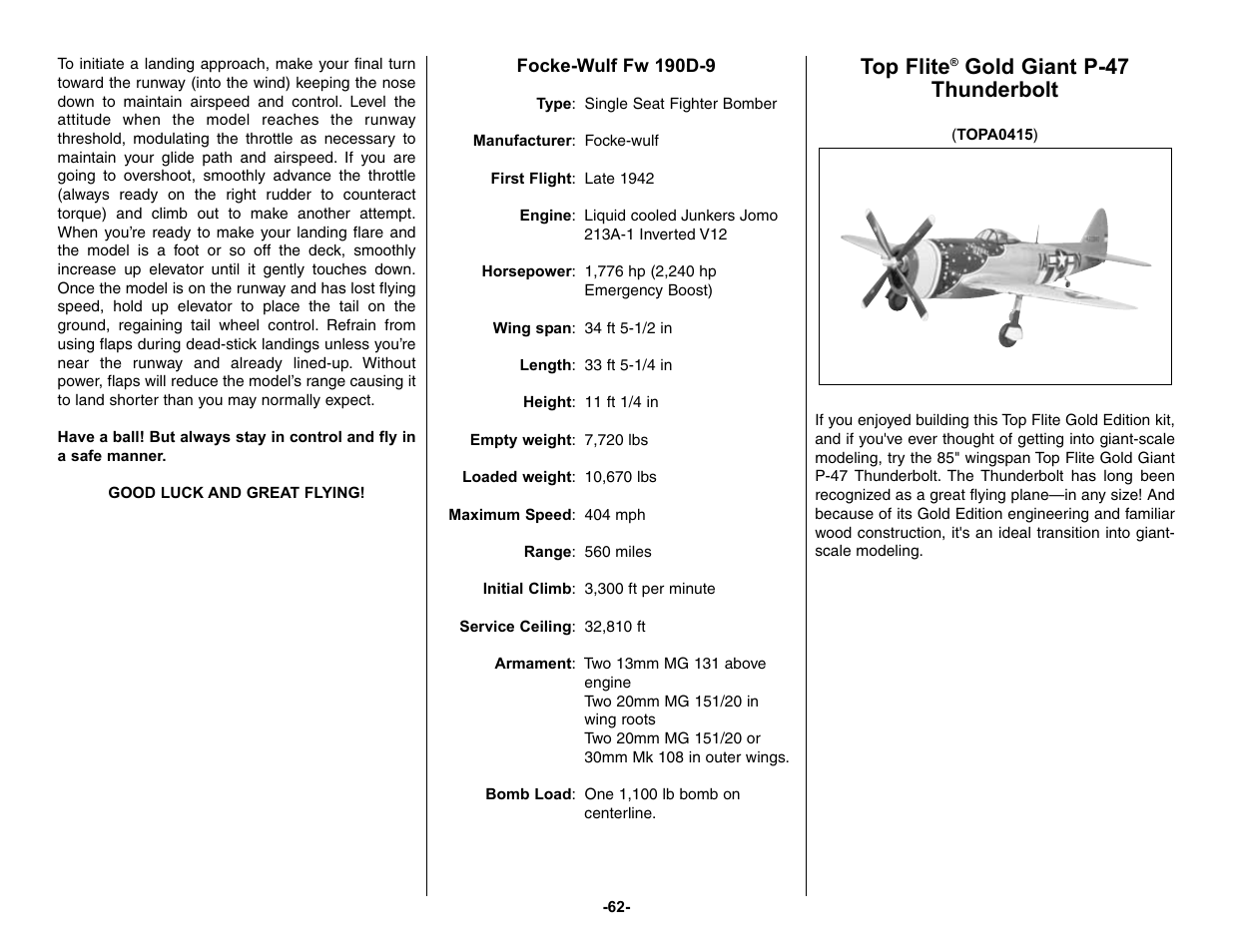 Top flite, Gold giant p-47 thunderbolt | Top Flite TOPA0150 User Manual | Page 62 / 65