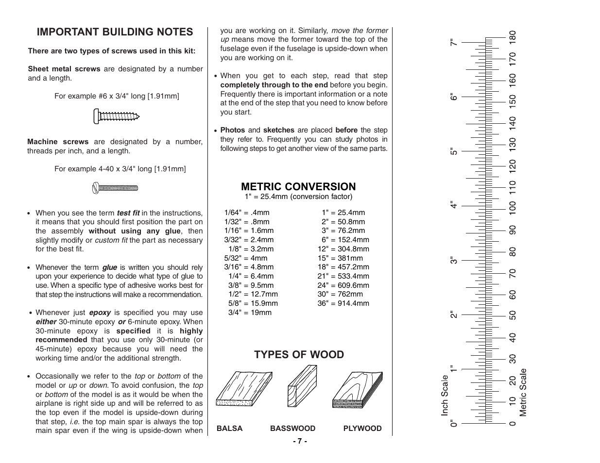 Types of wood, Metric conversion | Top Flite TOPA0150 User Manual | Page 7 / 65