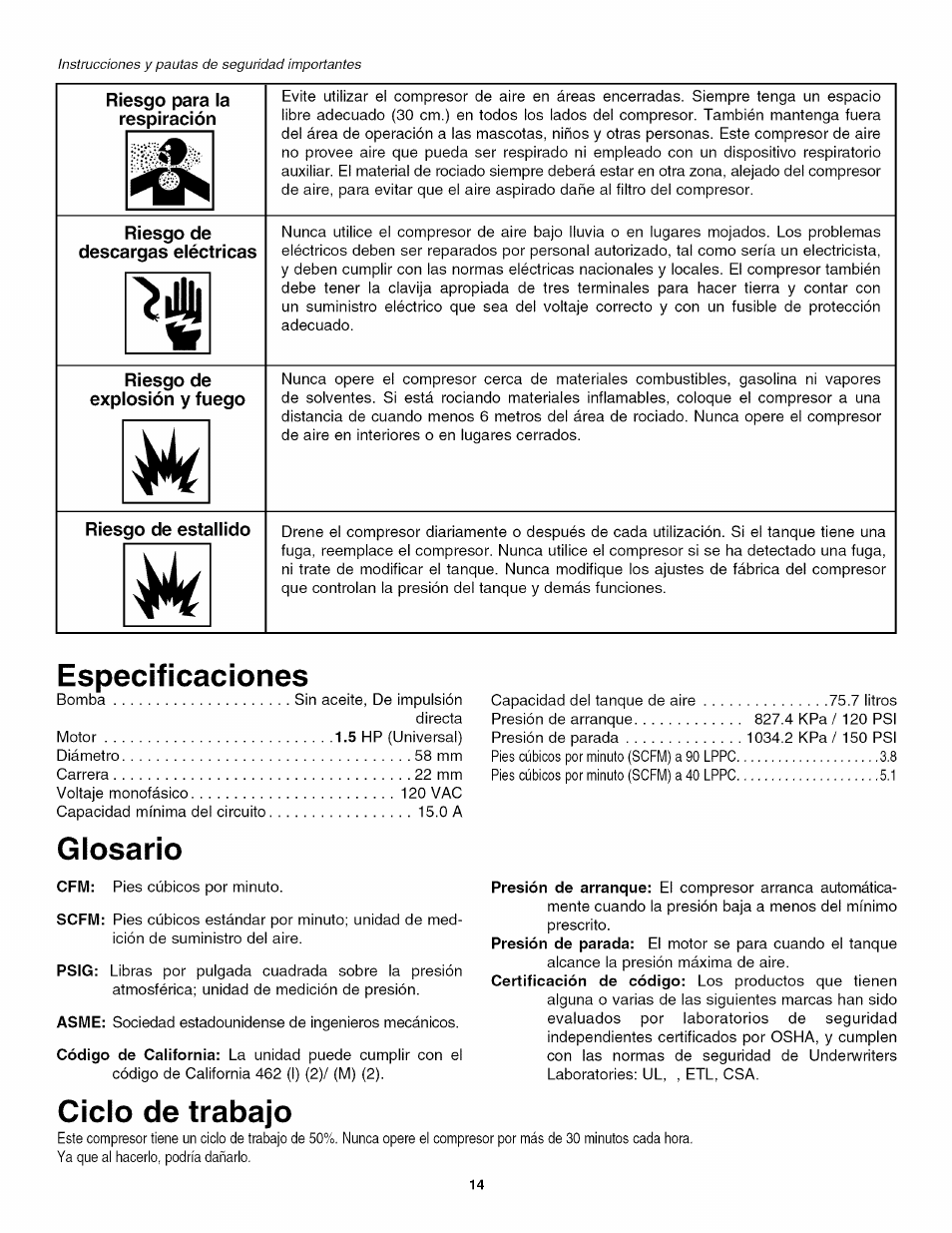 Riesgo para la respiración, Riesgo de, Descargas eléctricas | Riesgo de explosión y fuego, Riesgo de estallido, Especificaciones, Glosario, Ciclo de trabajo | Craftsman 921.166420 User Manual | Page 16 / 24