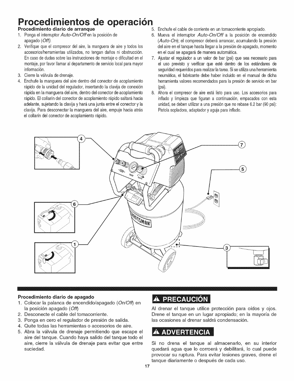 Procedimientos de operación, A precaución, A advertencia | Craftsman 921.166420 User Manual | Page 19 / 24