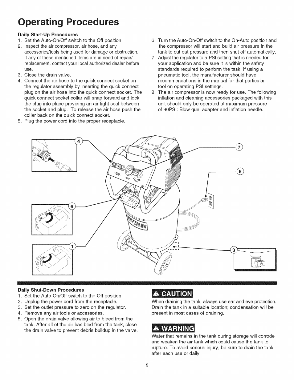 Operating procedures, Daily start-up procedures, A warning | Craftsman 921.166420 User Manual | Page 7 / 24