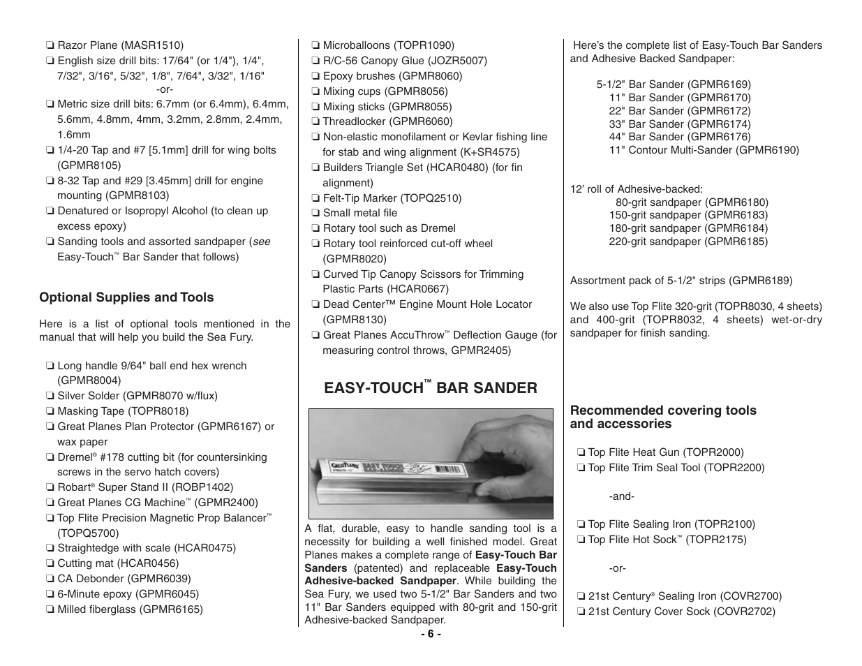 Easy-touch, Bar sander | Top Flite TOPA0155 User Manual | Page 6 / 70