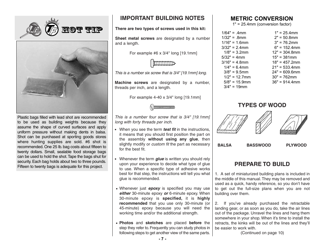 Types of wood, Prepare to build, Metric conversion | Top Flite TOPA0155 User Manual | Page 7 / 70