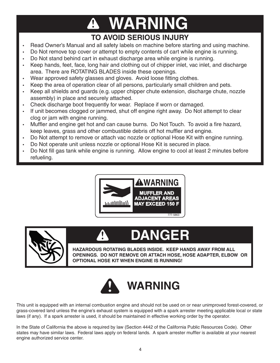 Warning, Danger | Craftsman MONSTER 486.245071 User Manual | Page 4 / 28