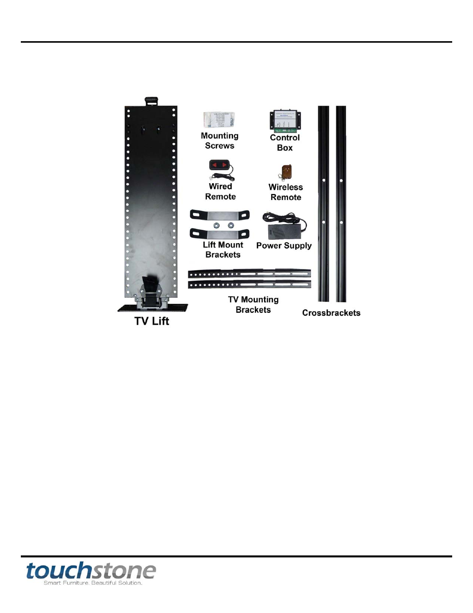 Whisper lift ii, Lift components & tv installation hardware | Touchstone 23202 Whisper Lift II User Manual | Page 5 / 21
