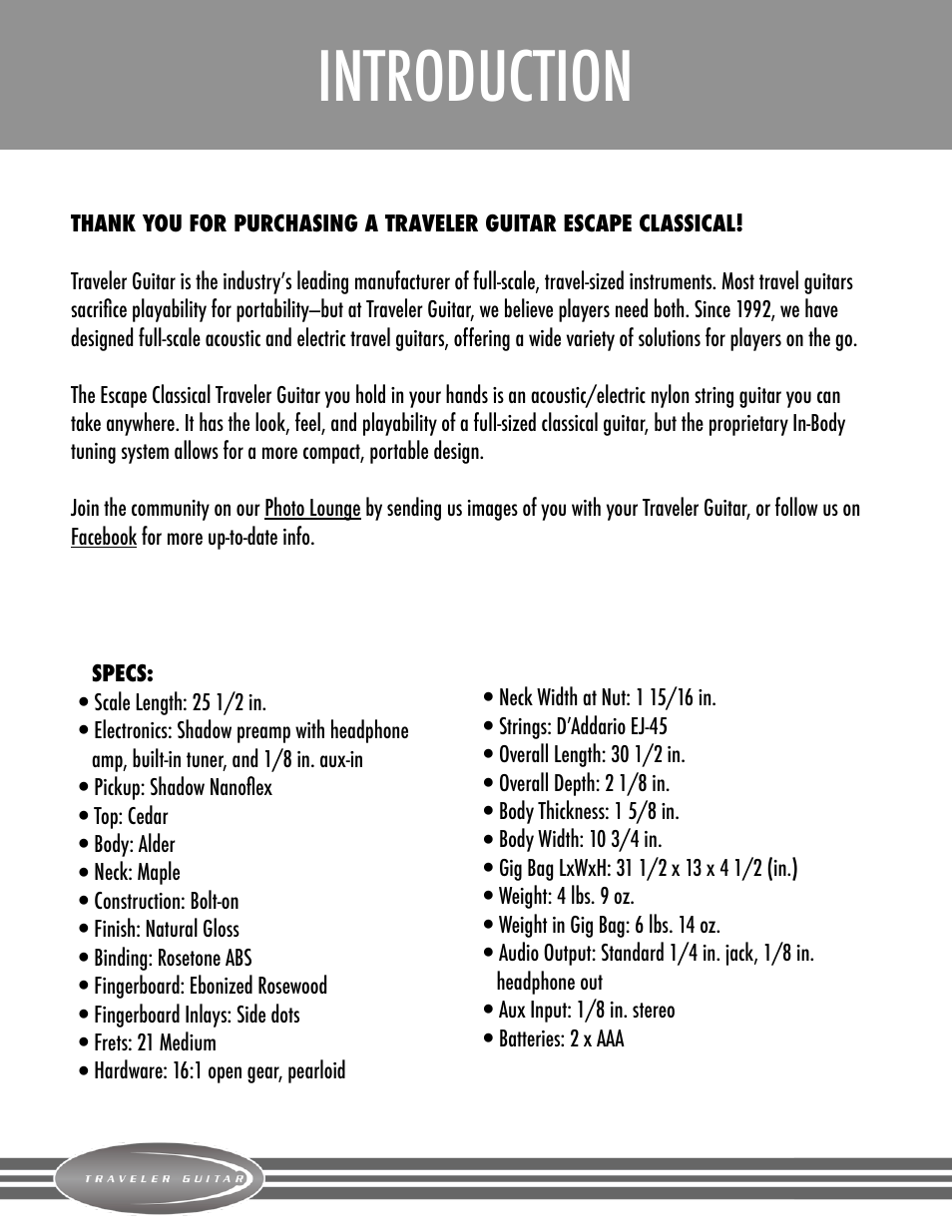 Introduction and overview, Introduction | Traveler Guitar Escape Classical User Manual | Page 2 / 7