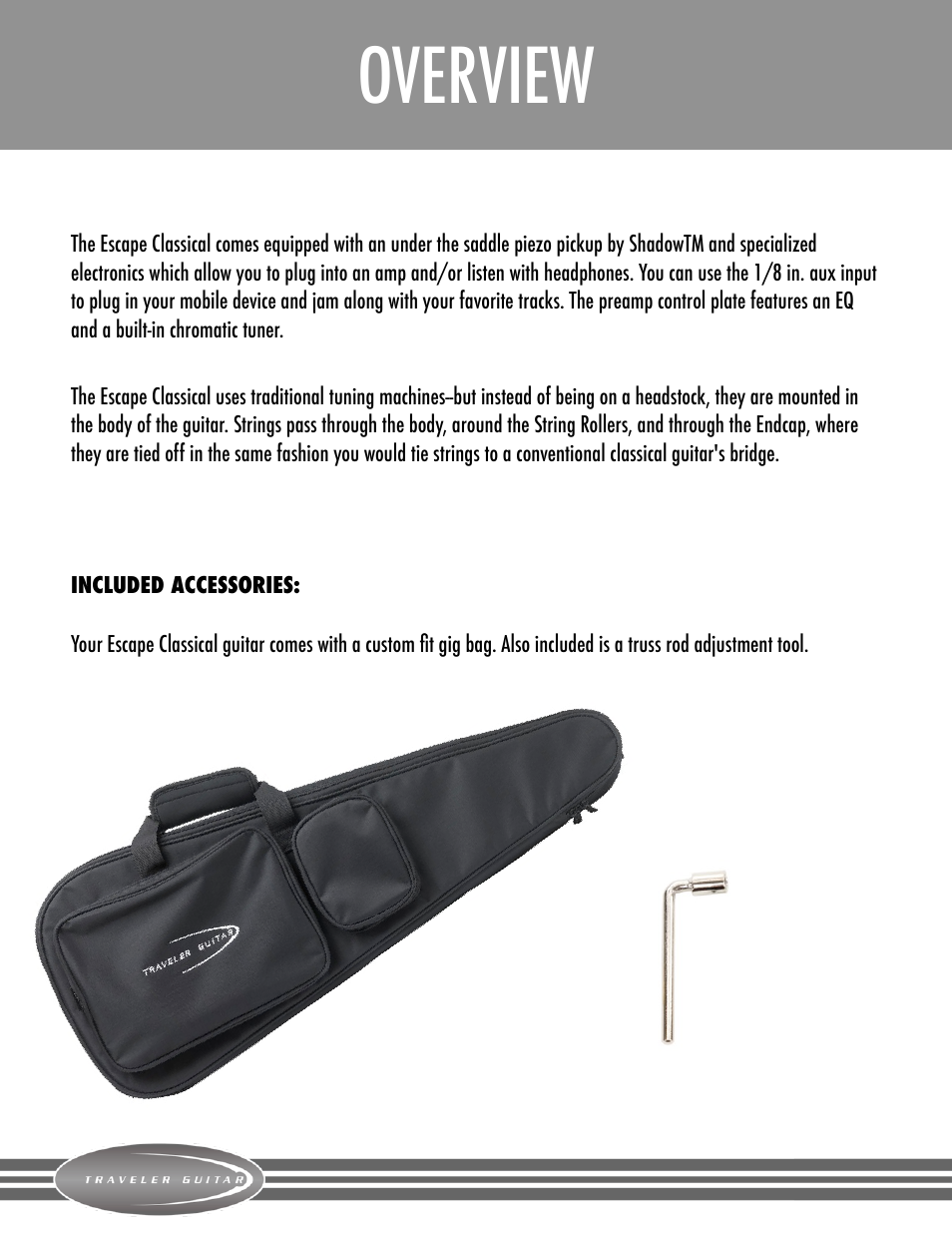 Overview and set-up, Overview | Traveler Guitar Escape Classical User Manual | Page 3 / 7