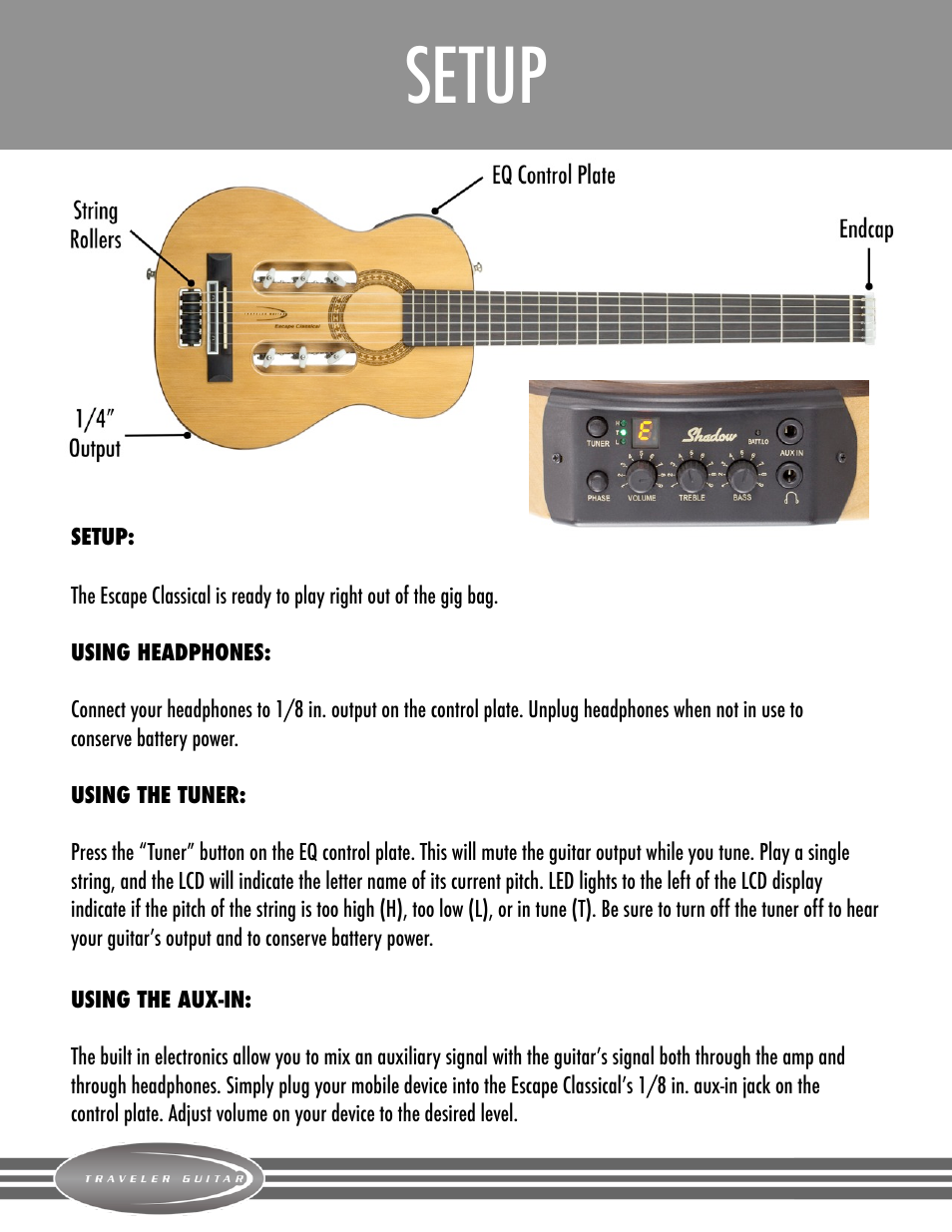 Overview and set-up, Overview setup | Traveler Guitar Escape Classical User Manual | Page 4 / 7