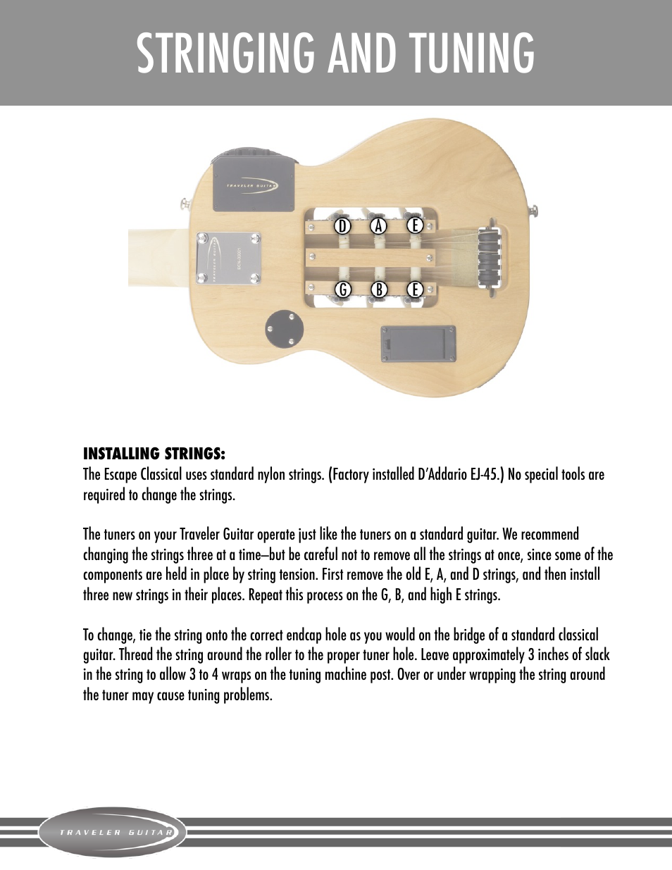 Stringing and tuning | Traveler Guitar Escape Classical User Manual | Page 5 / 7