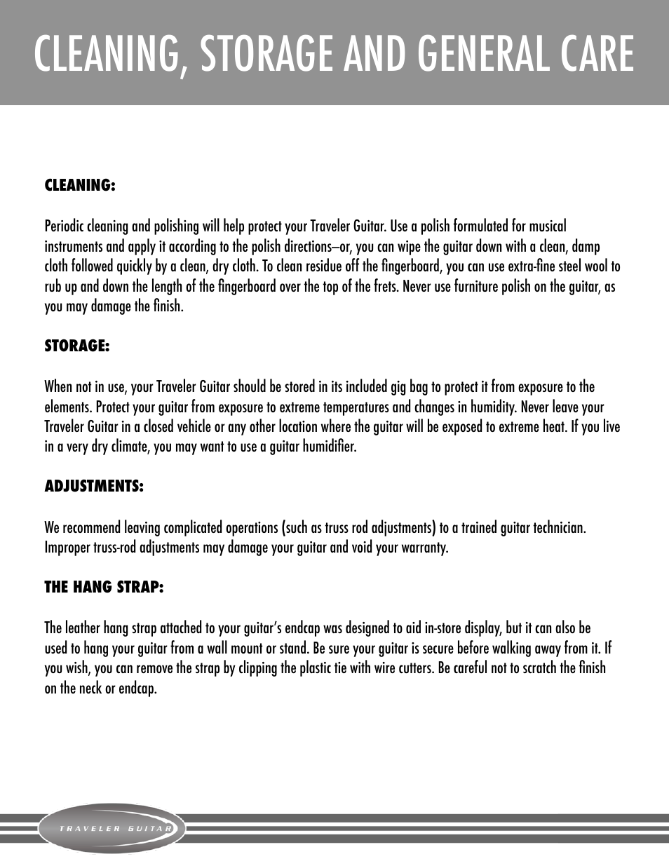Cleaning, storage and general care | Traveler Guitar Escape Classical User Manual | Page 6 / 7