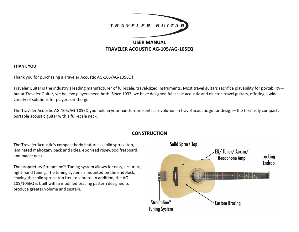 Traveler Guitar Traveler Acoustic AG-200 EQ User Manual | 4 pages