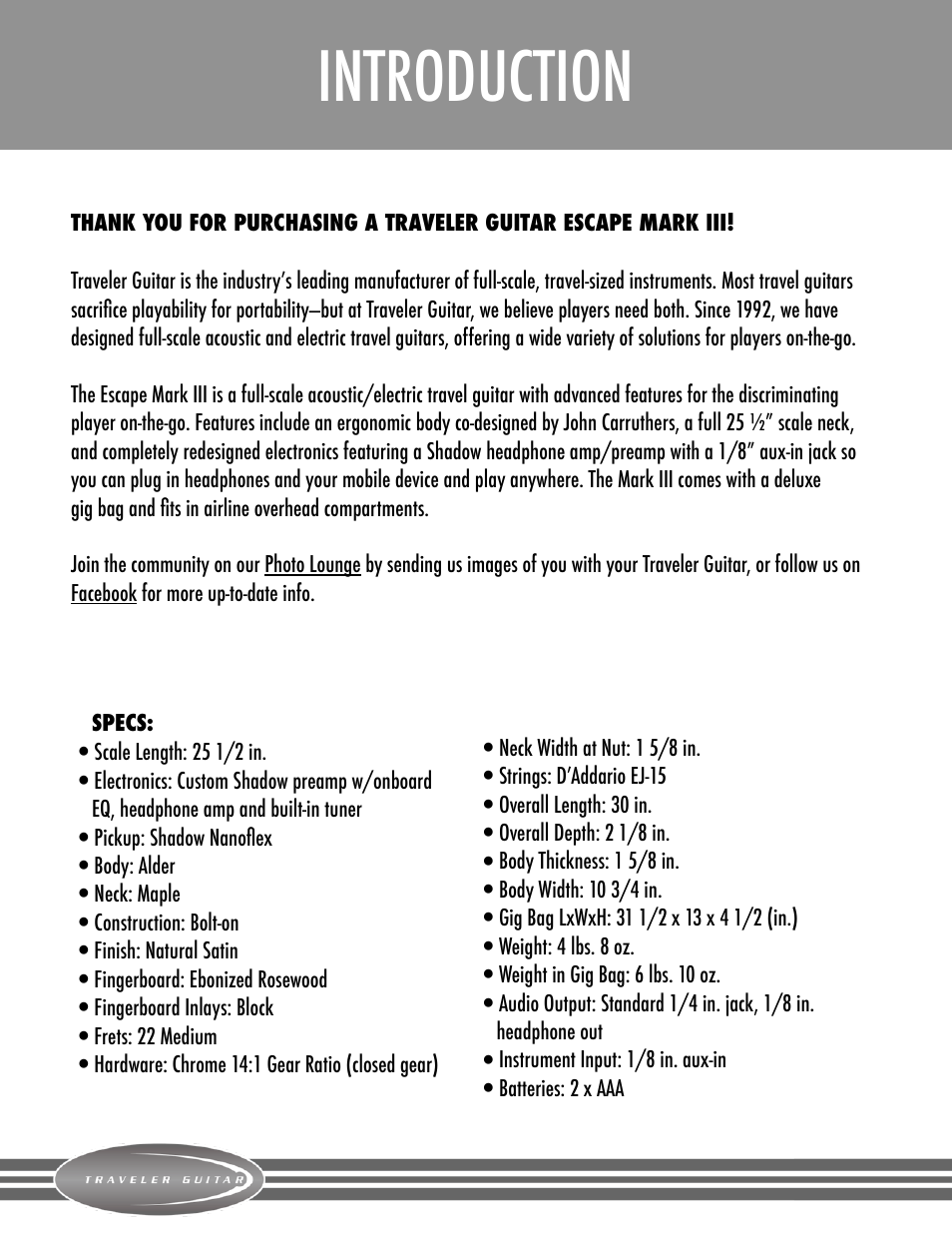Introduction and overview, Introduction | Traveler Guitar Escape Mark III User Manual | Page 2 / 7