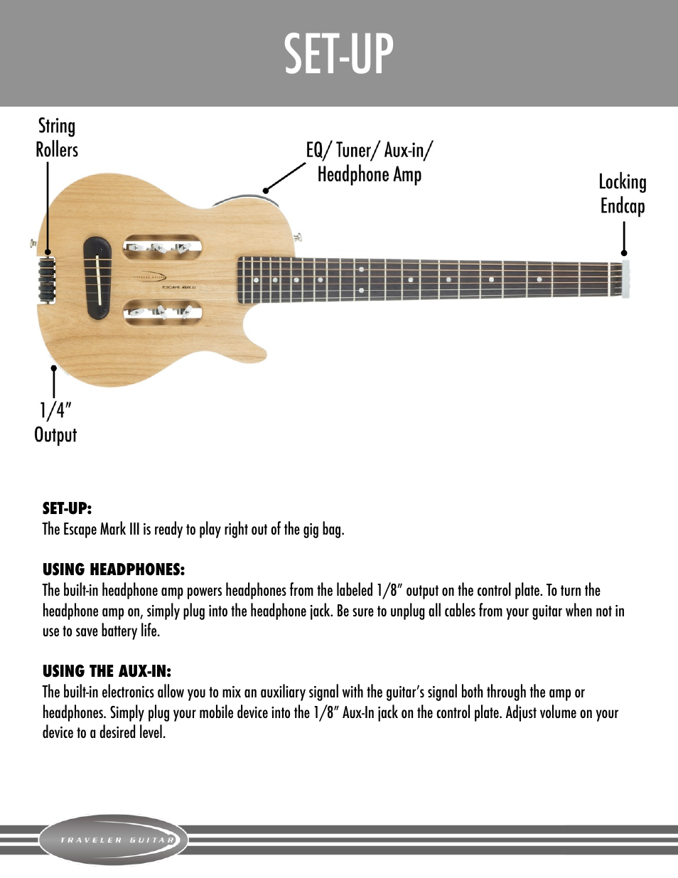 Overview and set-up, Set-up | Traveler Guitar Escape Mark III User Manual | Page 4 / 7