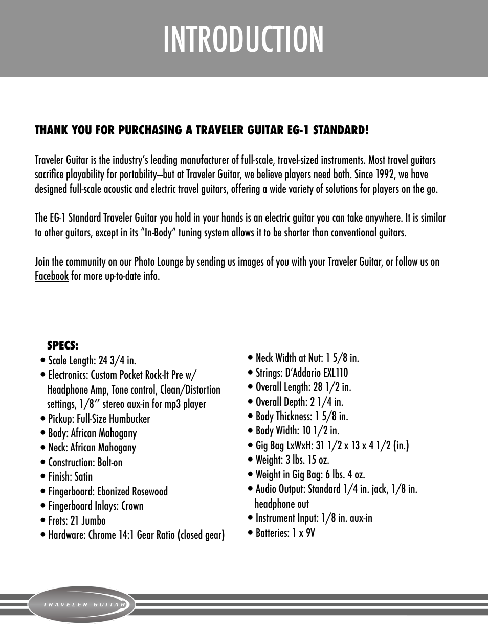 Introduction | Traveler Guitar EG-1 Standard V2 User Manual | Page 2 / 7