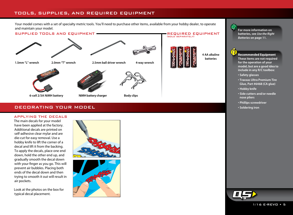 Tools, supplies, and required equipment, Decorating your model, Required equipment | Supplied tools and equipment, Applying the decals | Traxxas 71054-1 User Manual | Page 5 / 28