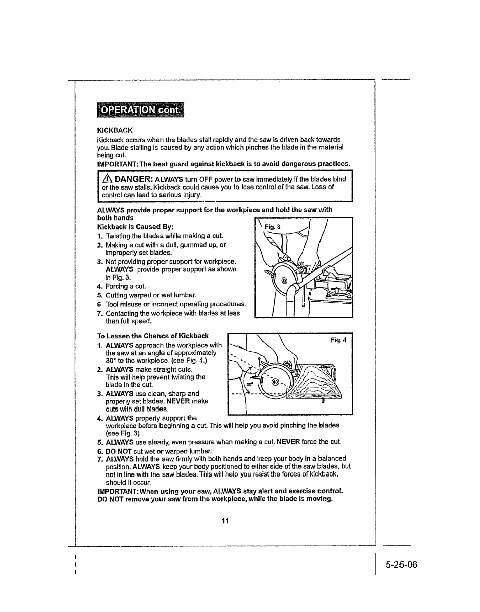 Operation cont, Danger | Craftsman 286.25574 User Manual | Page 11 / 48