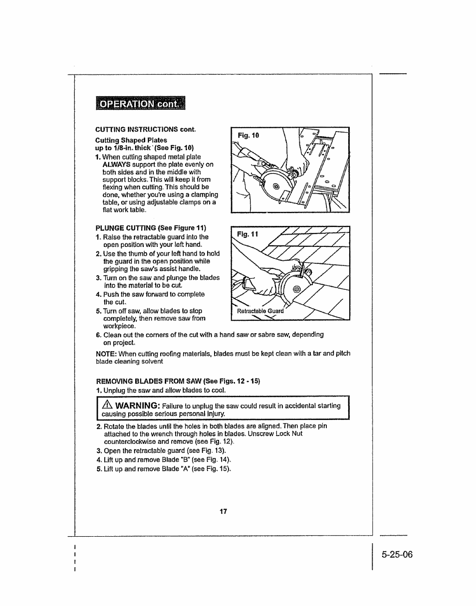 Operation coni, Warning | Craftsman 286.25574 User Manual | Page 17 / 48