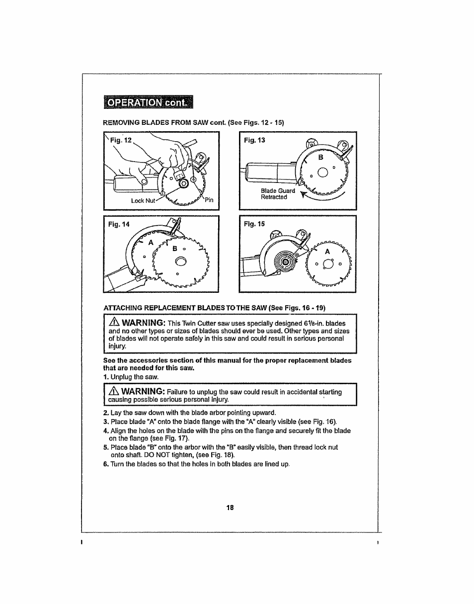 Operation coni, A warning, Warning | Craftsman 286.25574 User Manual | Page 18 / 48