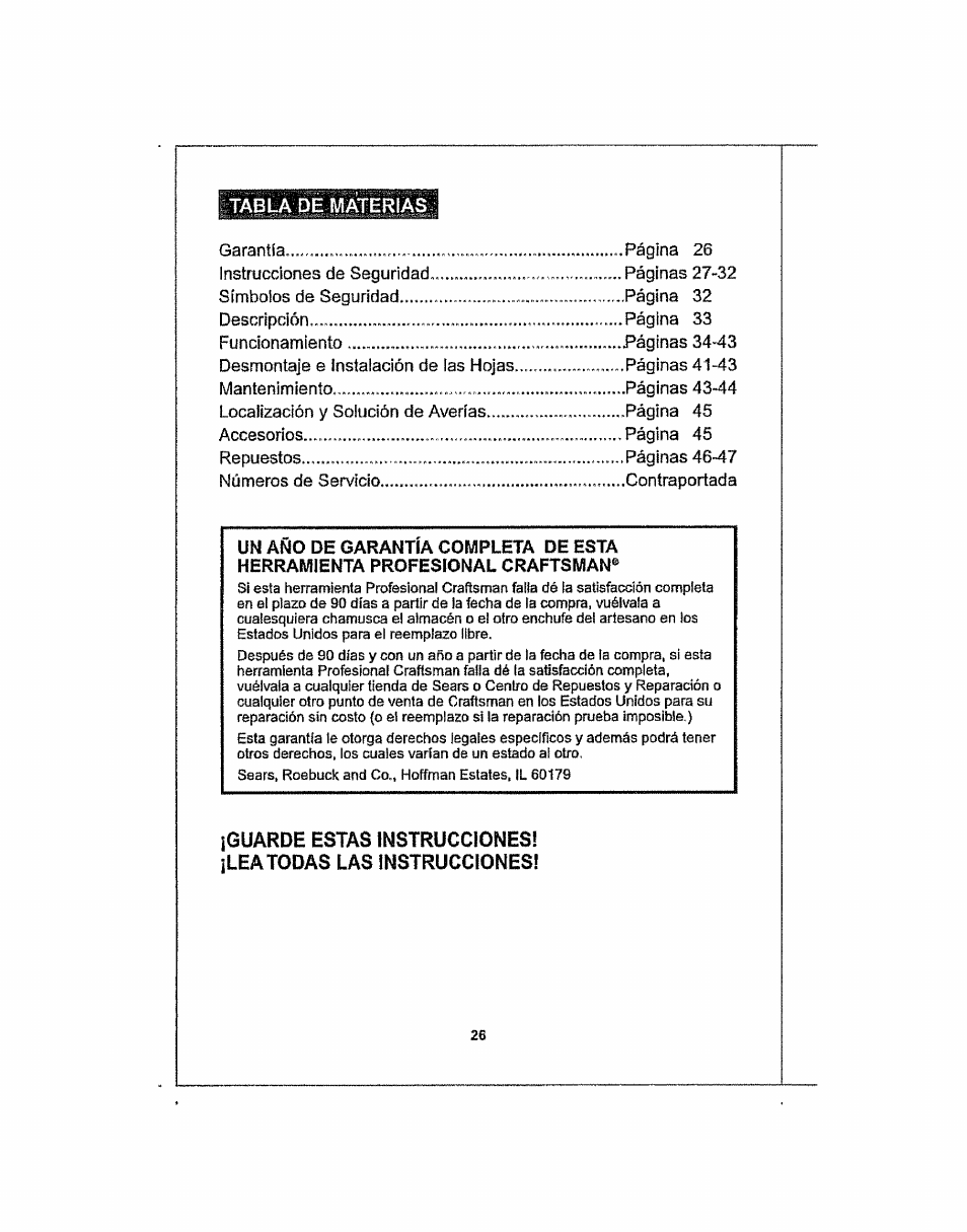 Tabla de materias | Craftsman 286.25574 User Manual | Page 26 / 48