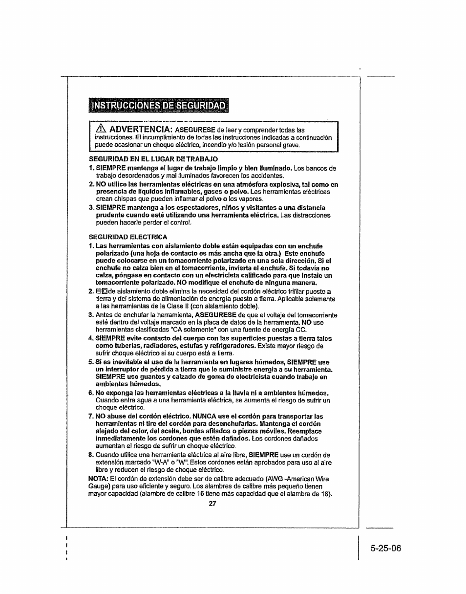 Instrucciones de seguridad advertencia | Craftsman 286.25574 User Manual | Page 27 / 48