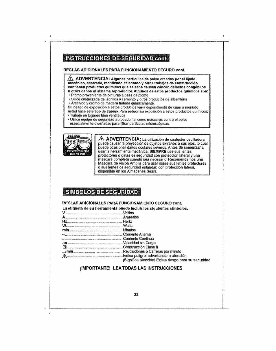 Simbolos de seguridad, Instrucciones de seguridad coni | Craftsman 286.25574 User Manual | Page 32 / 48