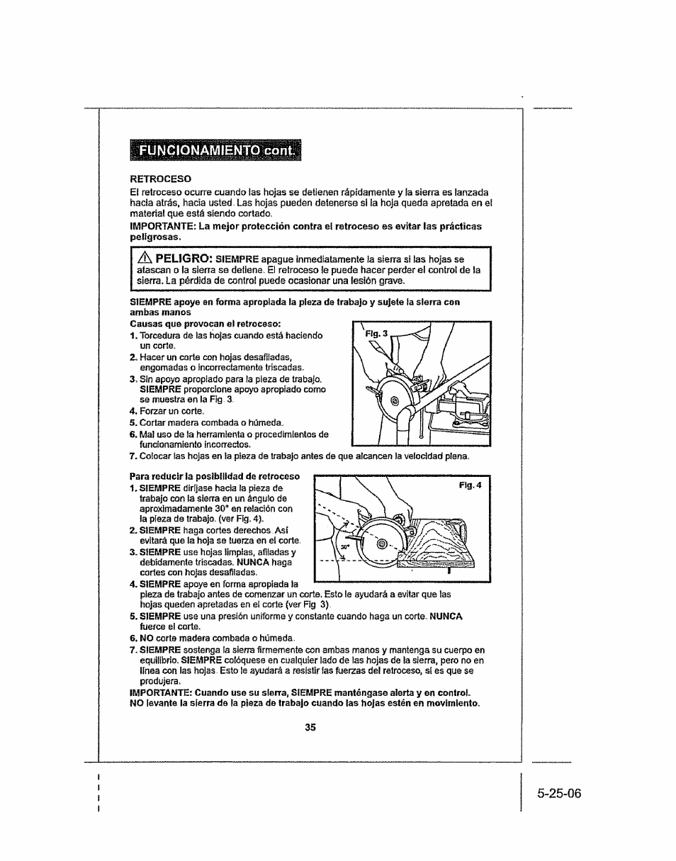 Funcionamiento cont, Peligro | Craftsman 286.25574 User Manual | Page 35 / 48