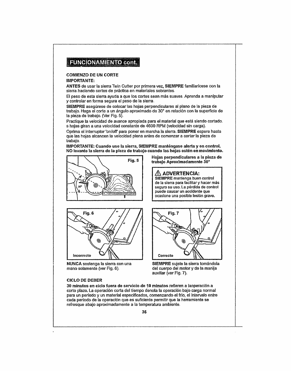 A advertencia, Funcionamiento cont | Craftsman 286.25574 User Manual | Page 36 / 48