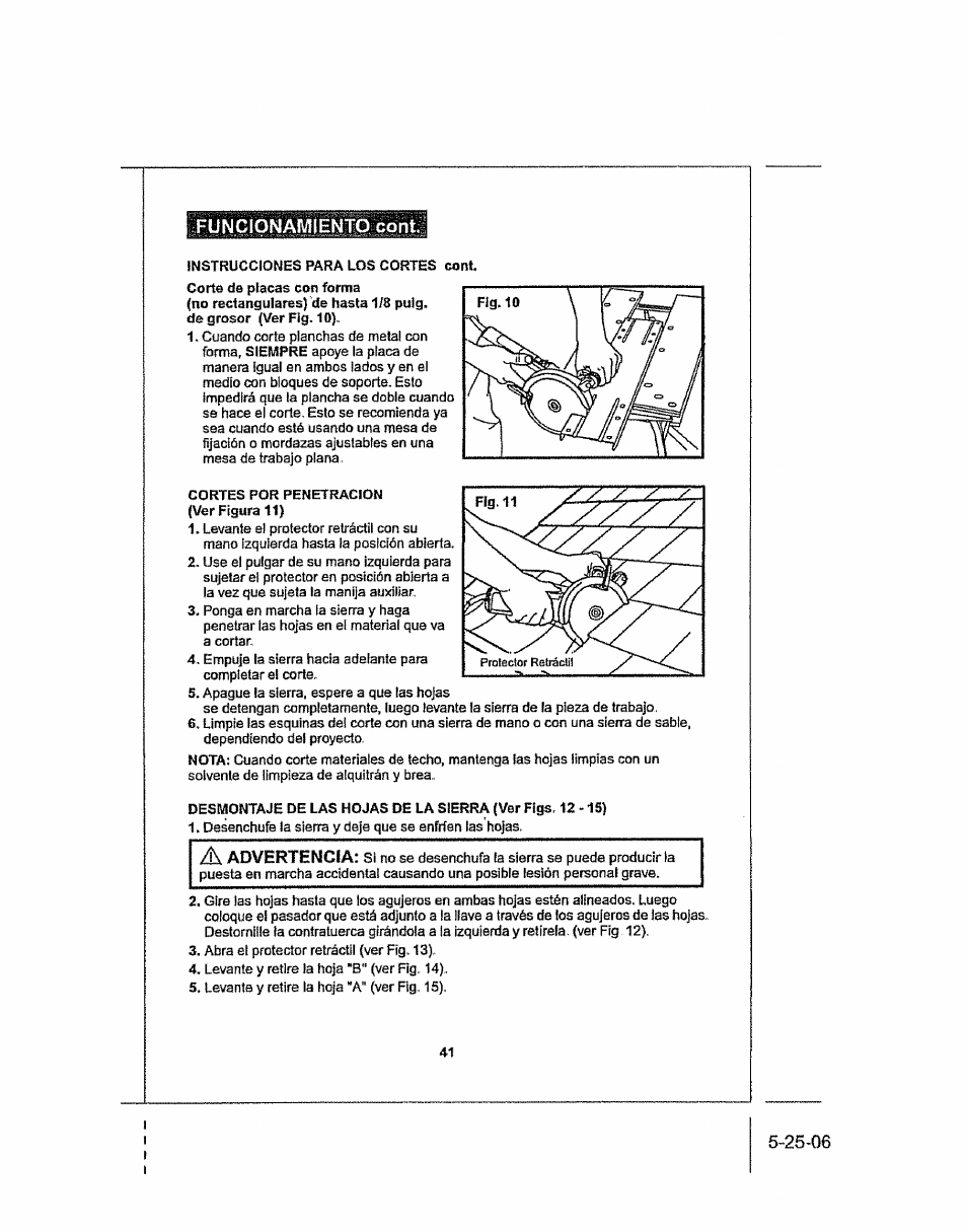 Funcionamiento cont, Advertencia | Craftsman 286.25574 User Manual | Page 41 / 48