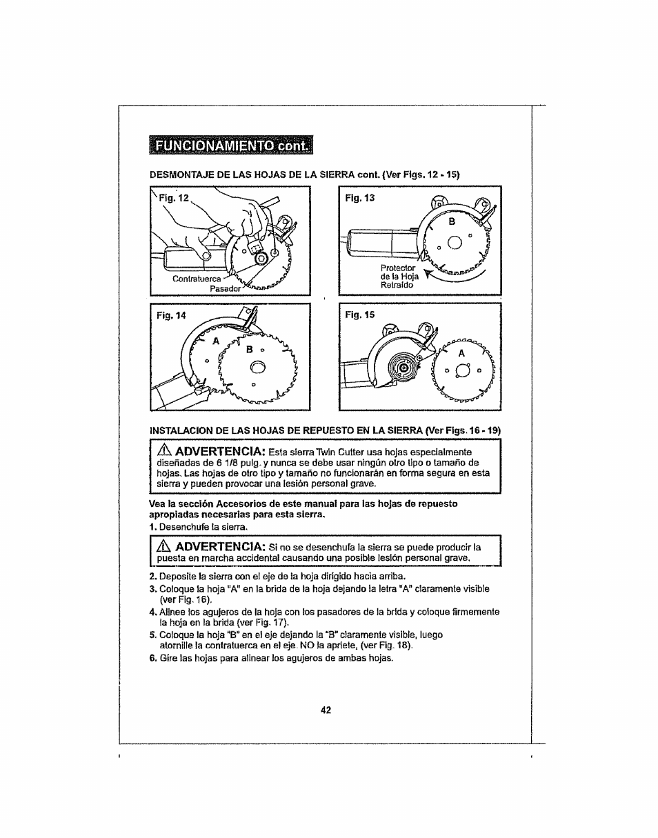 Funcionamiento coni, A advertencia, Advertencia | Craftsman 286.25574 User Manual | Page 42 / 48