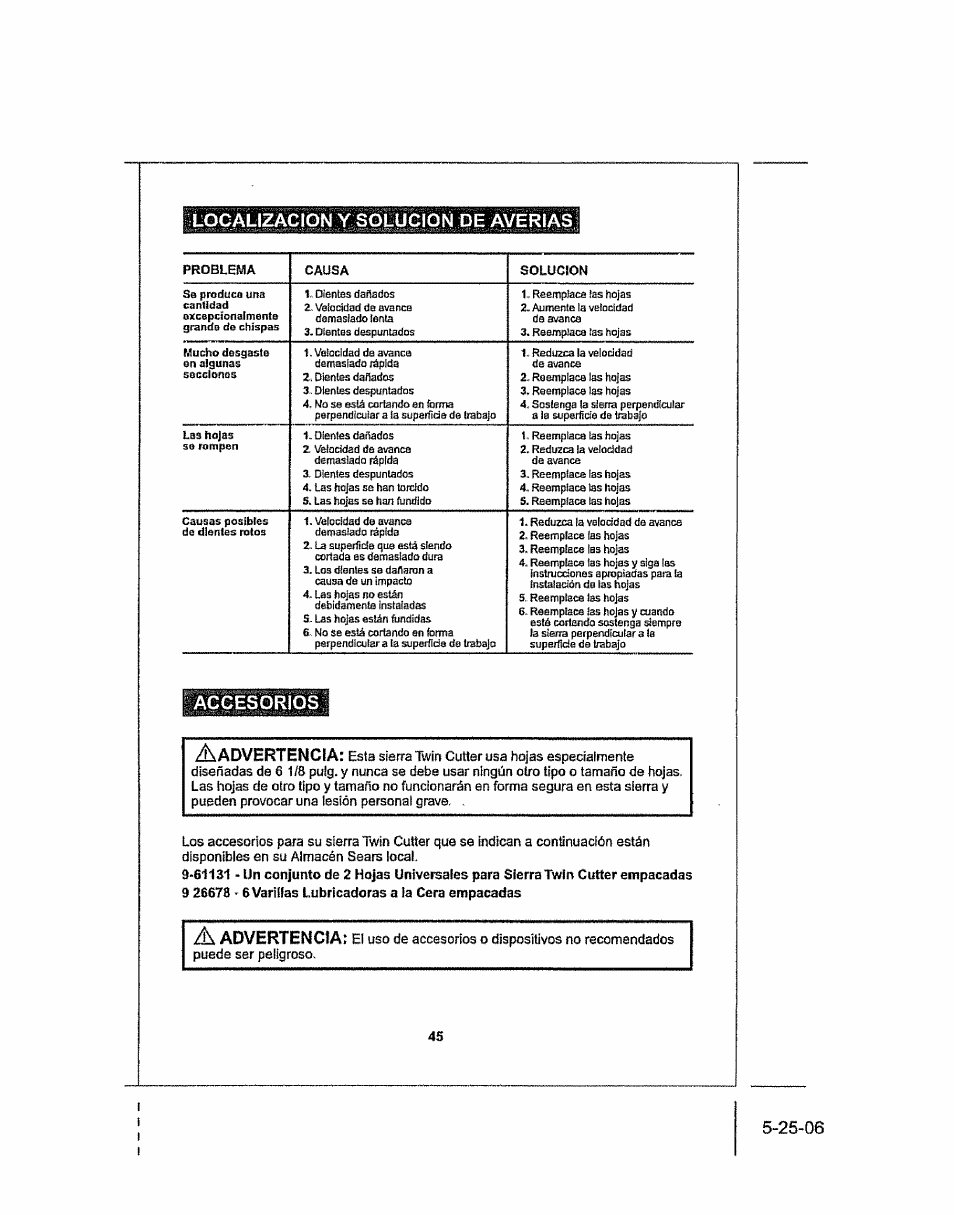 Localizacion y solucion de averias, Dvertencia, Advertencia | Craftsman 286.25574 User Manual | Page 45 / 48