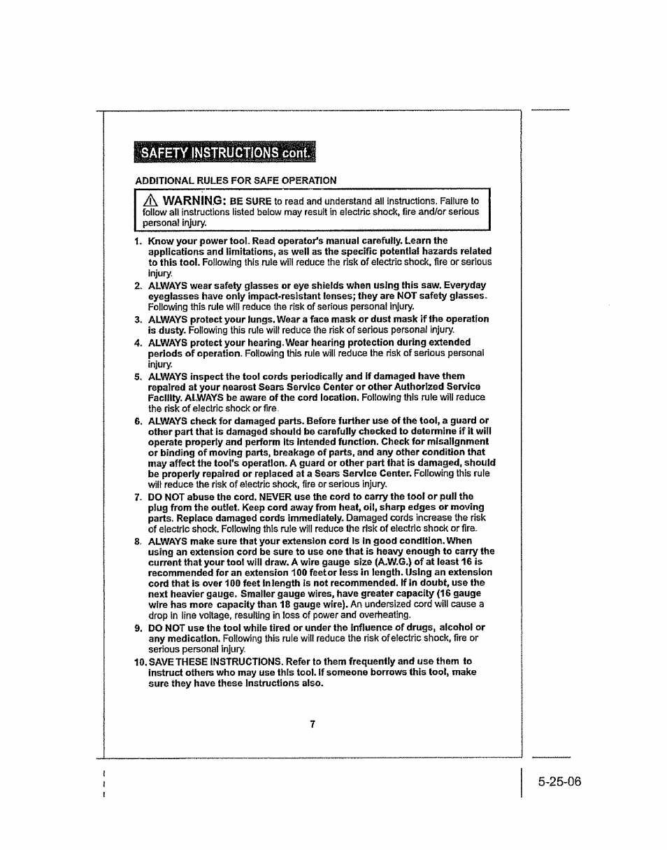 Safety instructions coni, Ж warning | Craftsman 286.25574 User Manual | Page 7 / 48