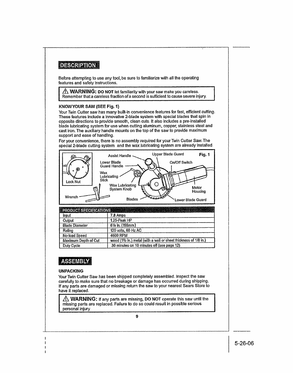 Description, A warning, Warning | Craftsman 286.25574 User Manual | Page 9 / 48