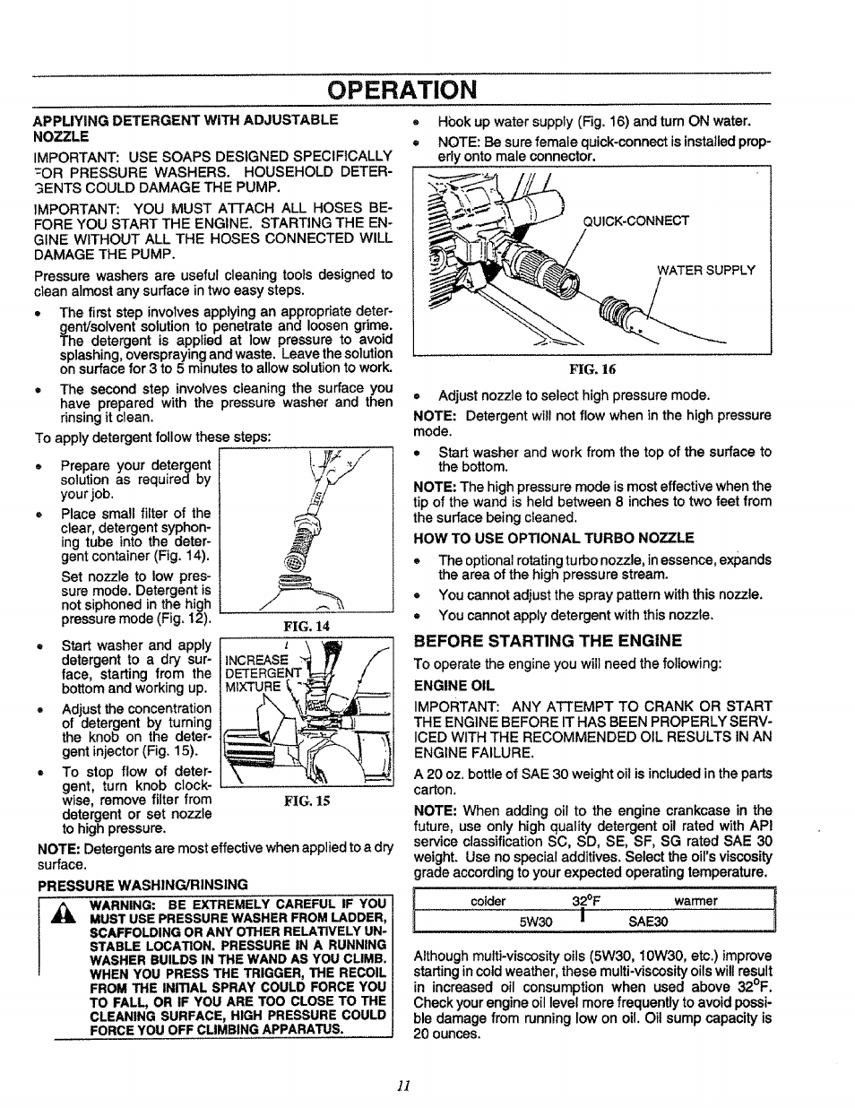 Before starting the engine, Operation, Fig. 14 | Fig. 15, Sae30 | Craftsman 580.751651 User Manual | Page 11 / 29