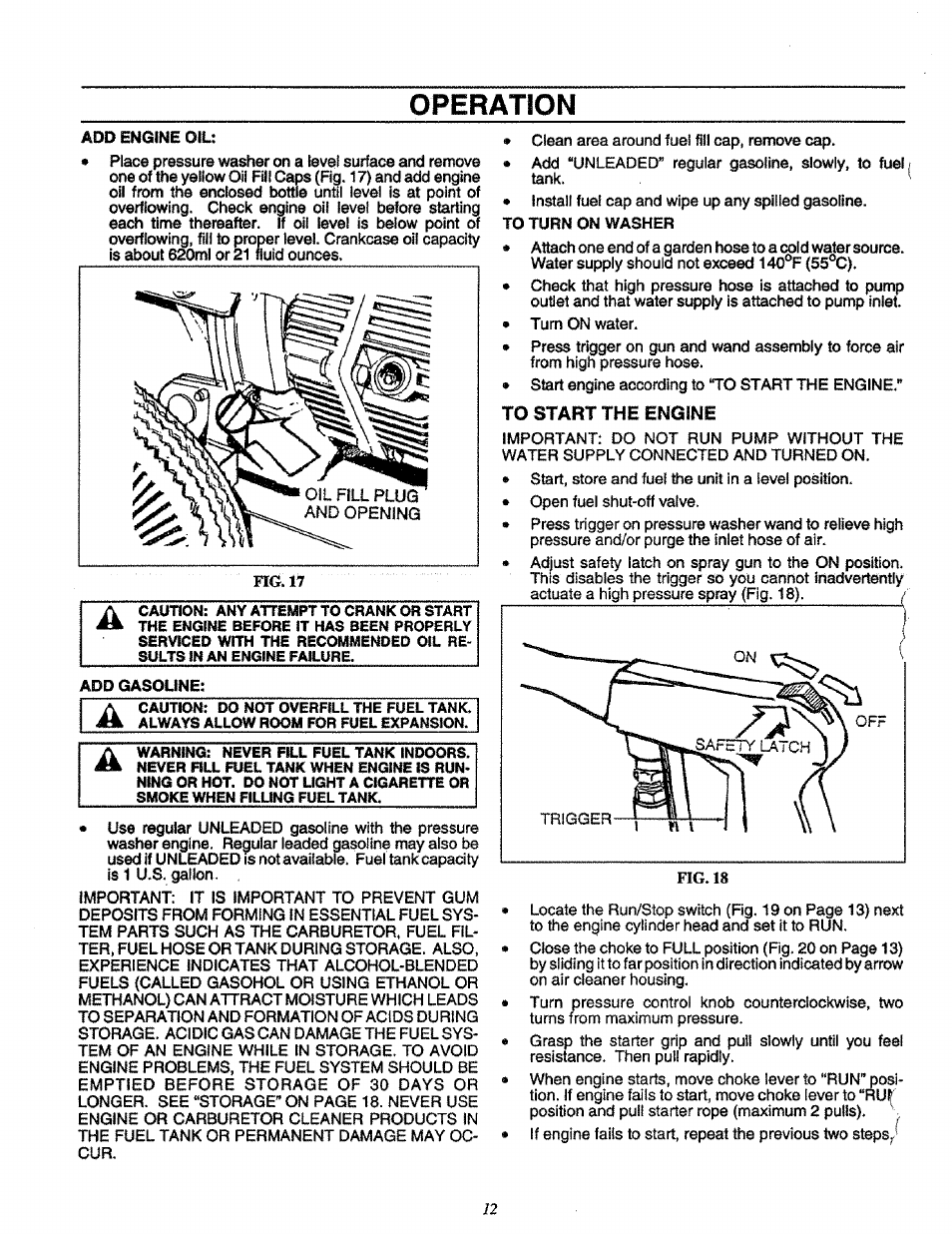 To start the engine, Operation, Fig. 18 | Craftsman 580.751651 User Manual | Page 12 / 29