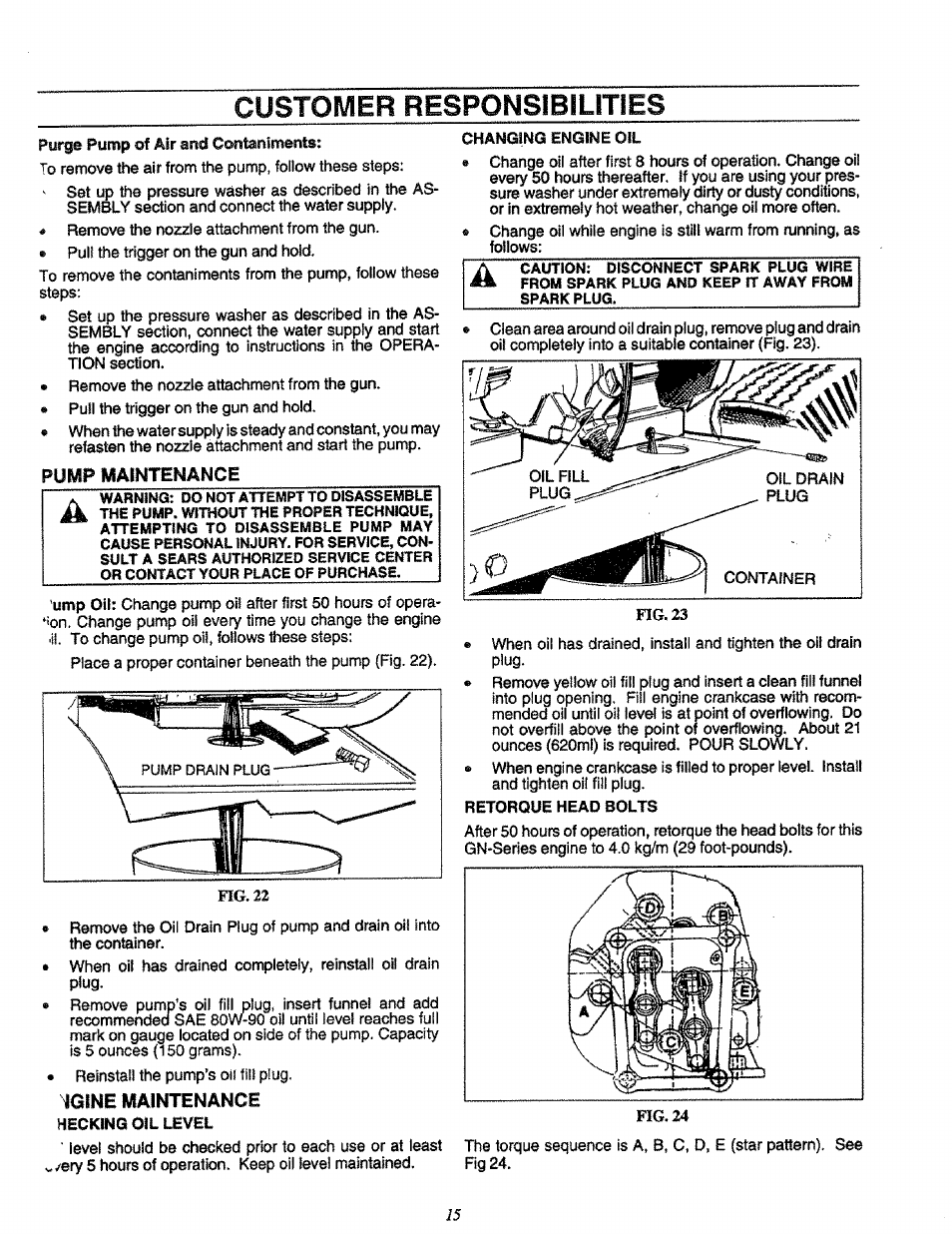 Pump maintenance, Igine maintenance, Customer responsibilities | Craftsman 580.751651 User Manual | Page 15 / 29