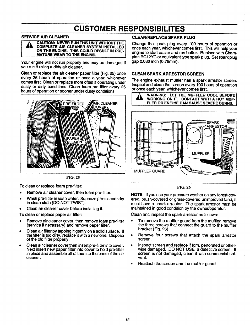 Customer responsibilites, Ir cleaner overi | Craftsman 580.751651 User Manual | Page 16 / 29