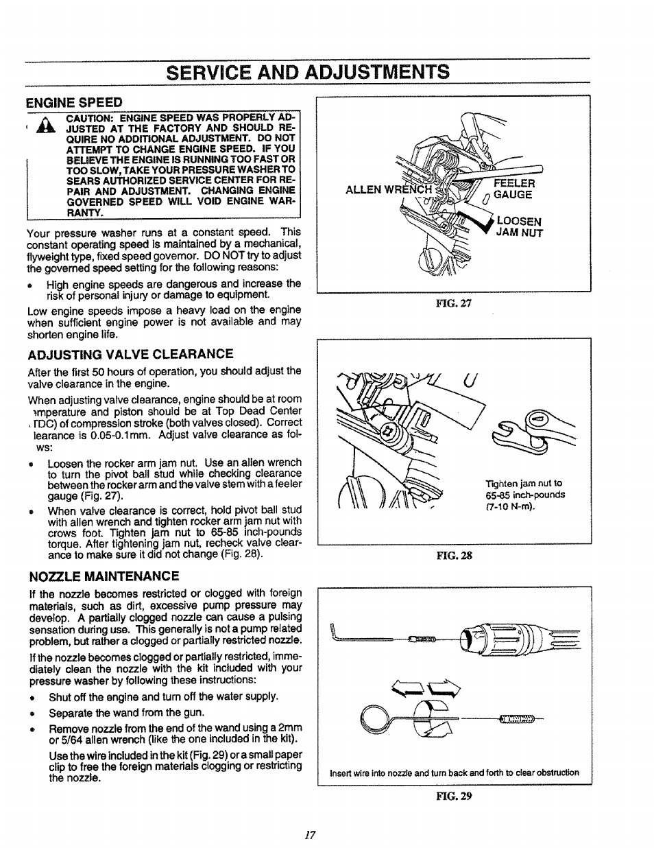 Engine speed, Adjusting valve clearance, Nozzle maintenance | Service and adjustments | Craftsman 580.751651 User Manual | Page 17 / 29