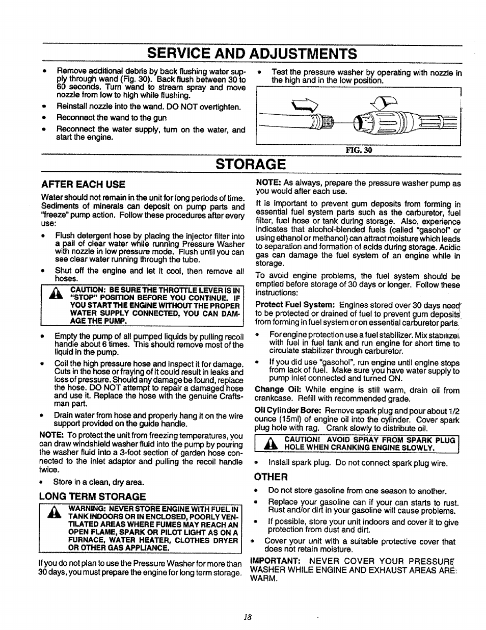 After each use, Long term storage, Service and adjustments | Storage | Craftsman 580.751651 User Manual | Page 18 / 29