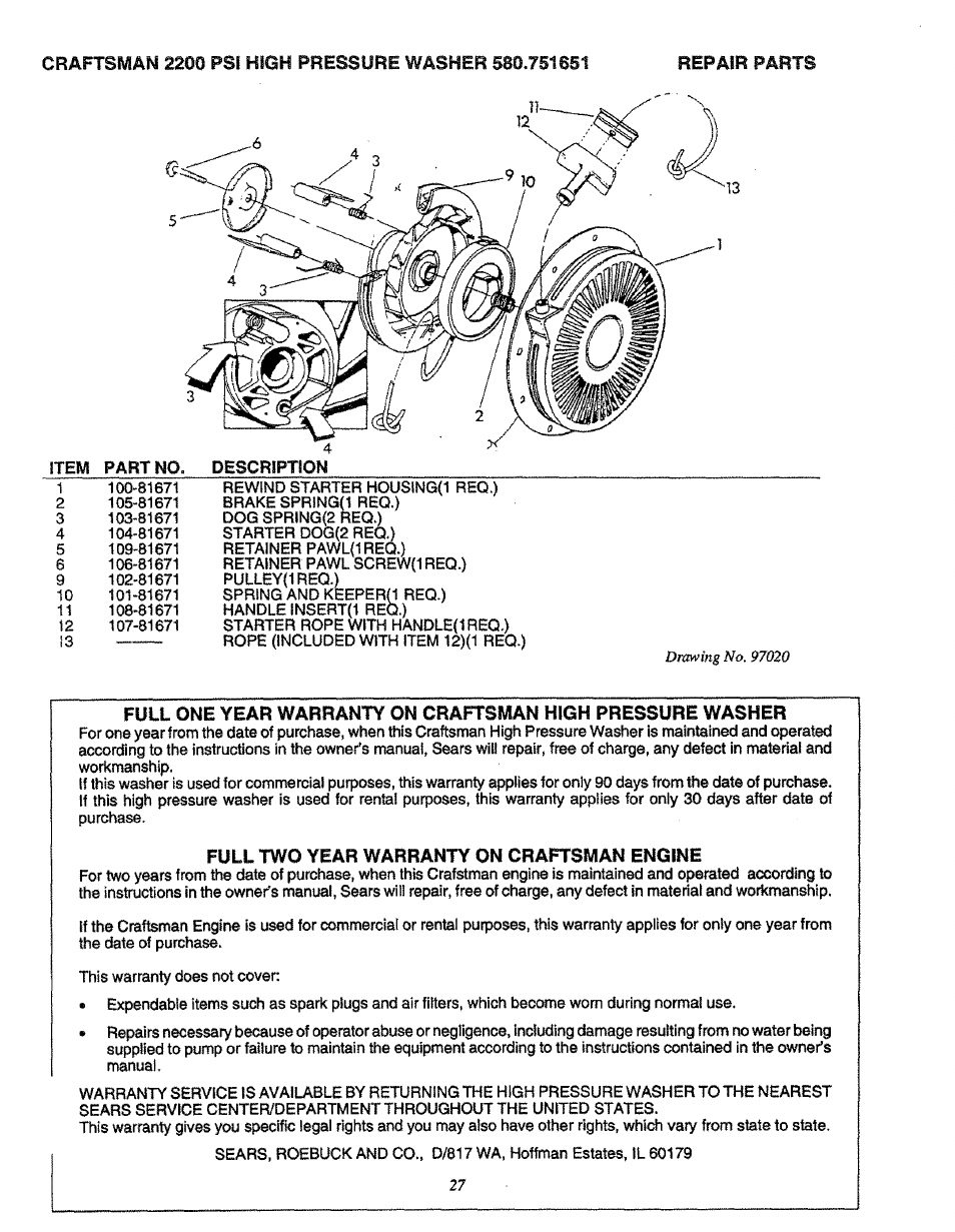 Craftsman 580.751651 User Manual | Page 27 / 29