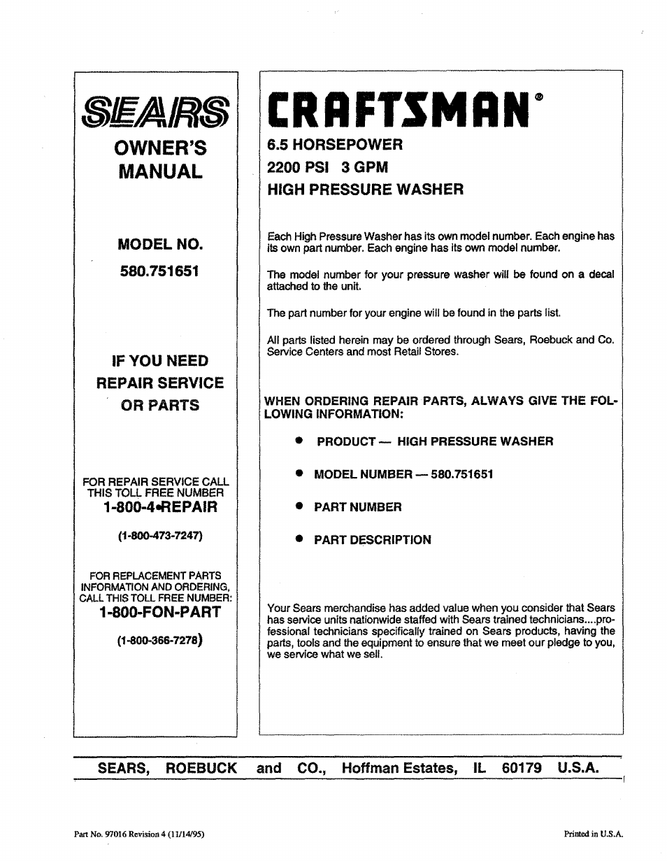 Full two year warranty on craftsman engine | Craftsman 580.751651 User Manual | Page 28 / 29