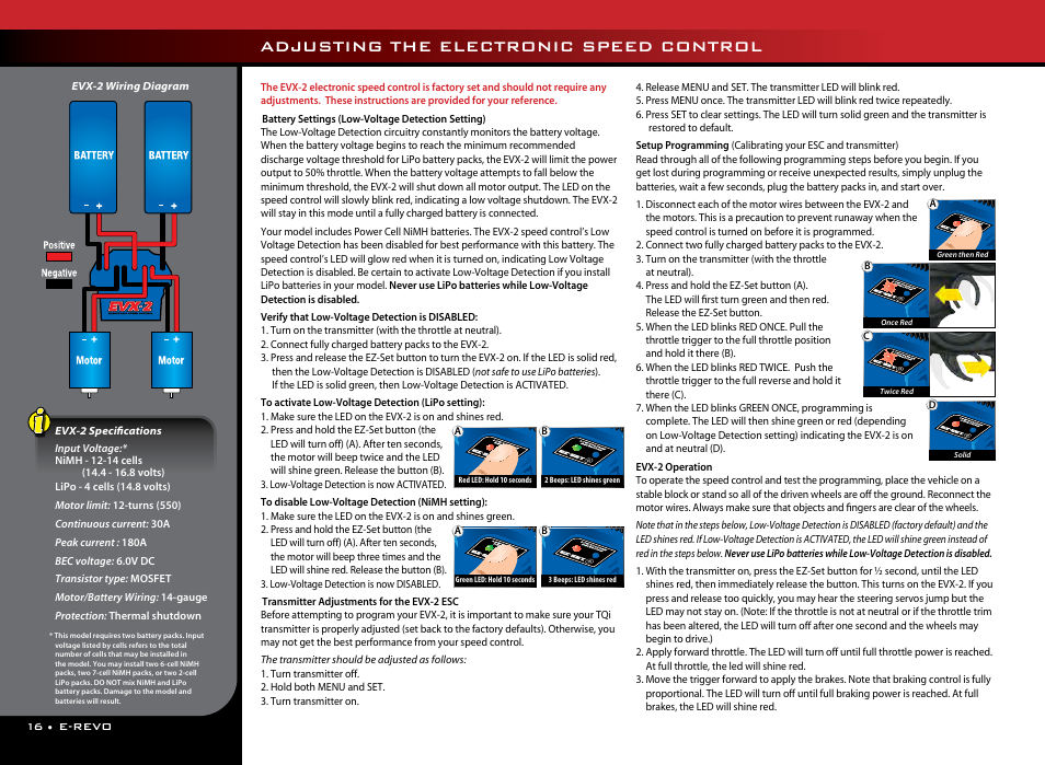 Adjusting the electronic speed control, 16 • e-revo, Evx-2 wiring diagram | Traxxas 56036 User Manual | Page 16 / 36