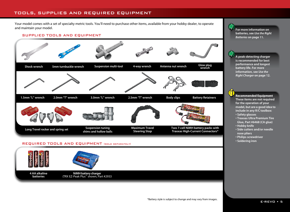 Tools, supplies and required equipment, Required tools and equipment, Supplied tools and equipment | Traxxas 56036 User Manual | Page 5 / 36