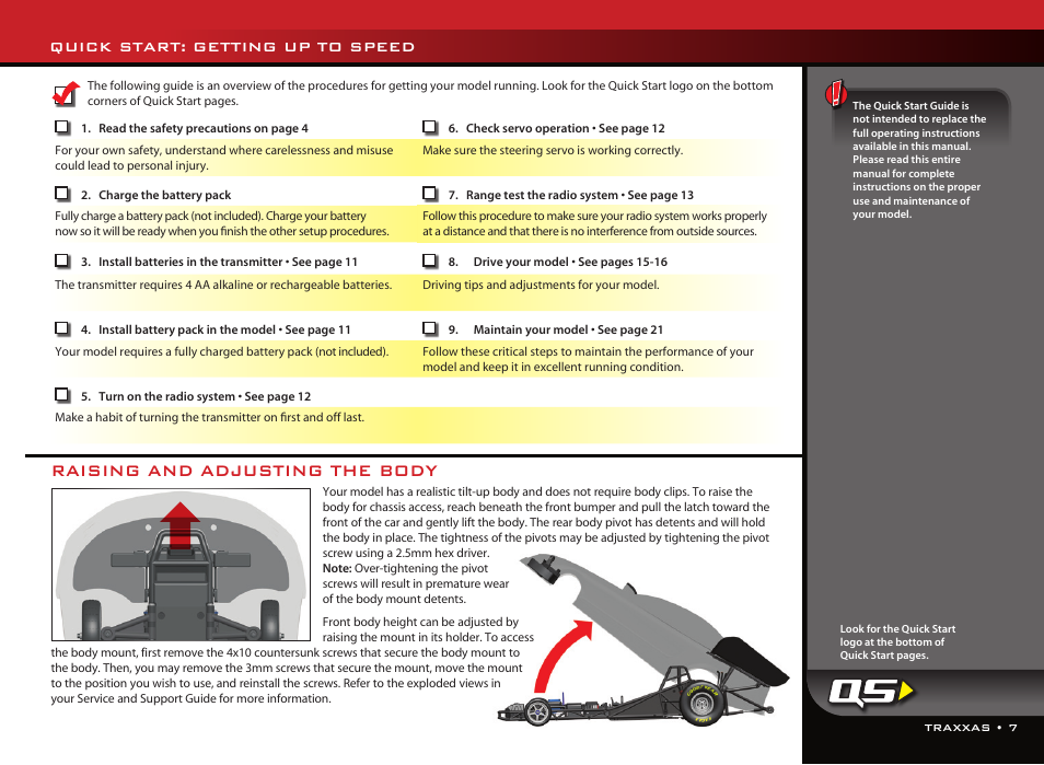 Raising and adjusting the body, Quick start: getting up to speed | Traxxas 6907 User Manual | Page 7 / 28