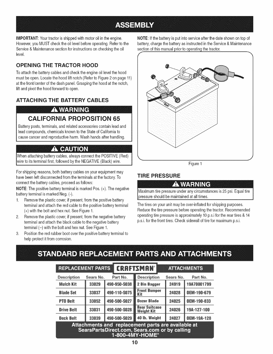 Assembly, Opening the tractor hood, Attaching the battery cables | Awarning, California proposition 65, A caution, Tire pressure, Awarning california proposition 65, Caution | Craftsman 247.28933 User Manual | Page 106 / 192