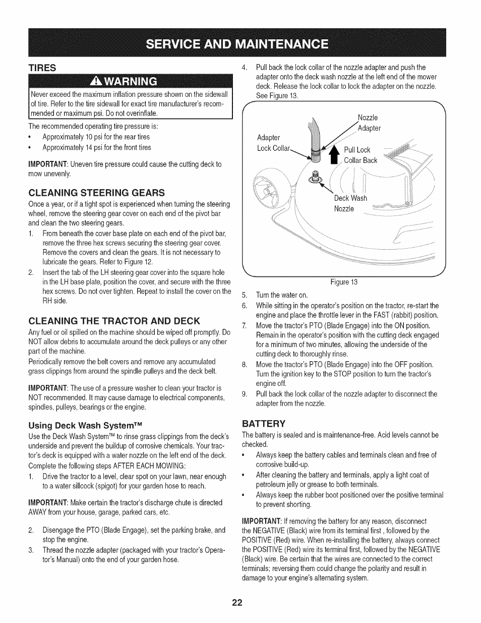 Cleaning steering gears, Cleaning the tractor and deck, Using deck wash system | Battery, Service and maintenance, Tires, Warning | Craftsman 247.28933 User Manual | Page 118 / 192
