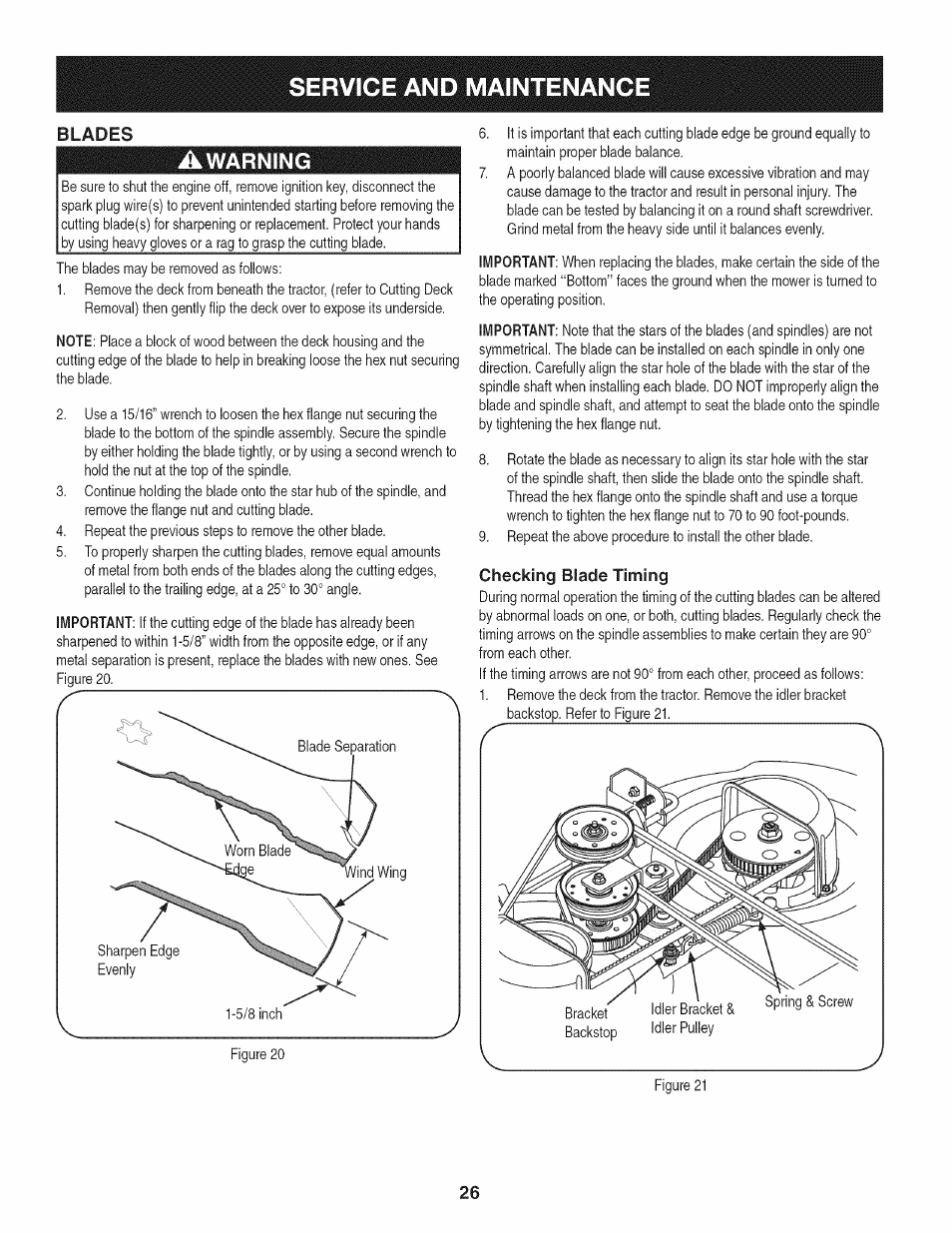 Checking blade timing, Service and maintenance, Blades | Warning | Craftsman 247.28933 User Manual | Page 122 / 192