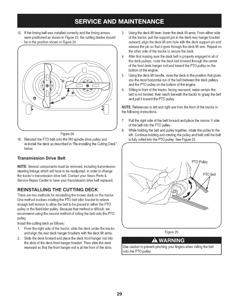 Transmission drive belt, Reinstalling the cutting deck, Awarning | Service and maintenanc | Craftsman 247.28933 User Manual | Page 125 / 192