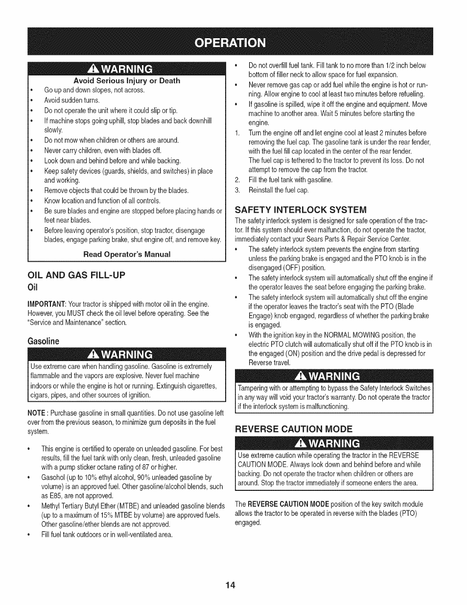 Oil and gas fill-up, Gasoline, Safety interlock system | Operation, Warning, Oil and gas fill-up oil, Reverse caution mode | Craftsman 247.28933 User Manual | Page 14 / 192